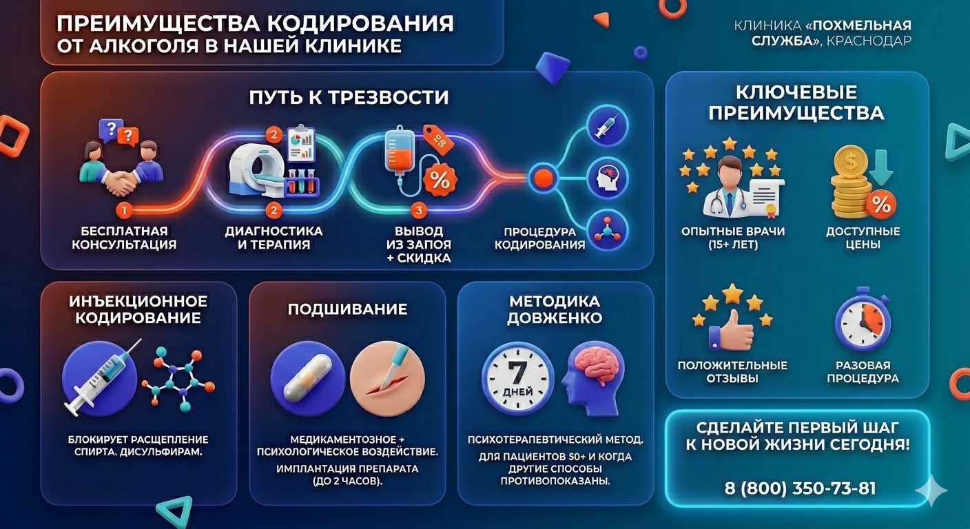 Инфографика о методах кодирования от алкоголя в Ветлужском: инъекции, подшивание, метод Довженко. Преимущества клиники и этапы лечения.